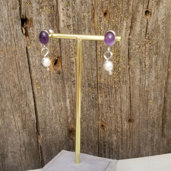 Sterling Silver Amethyst and Pearl Dangle Earrings - Picture 4 of 4